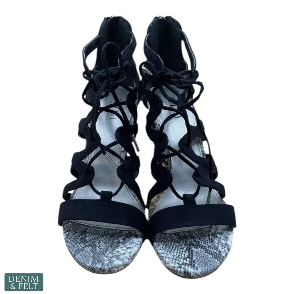 a.n.a Willa Black Strappy Lace Up Heels Snakeskin Detail Women’s‎ 7.5M